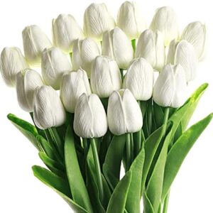 White Artificial Flowers 20 Pcs Faux Tulips PU Real Touch Fake Flowers for Home Office Wedding Decor Arrangement Bouquet Faux Flowers for Decoration