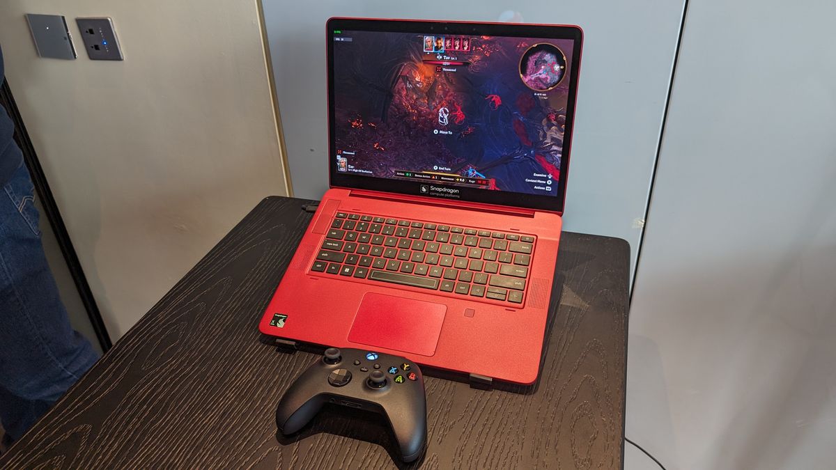 A Snapdragon X Elite reference laptop running Baldur