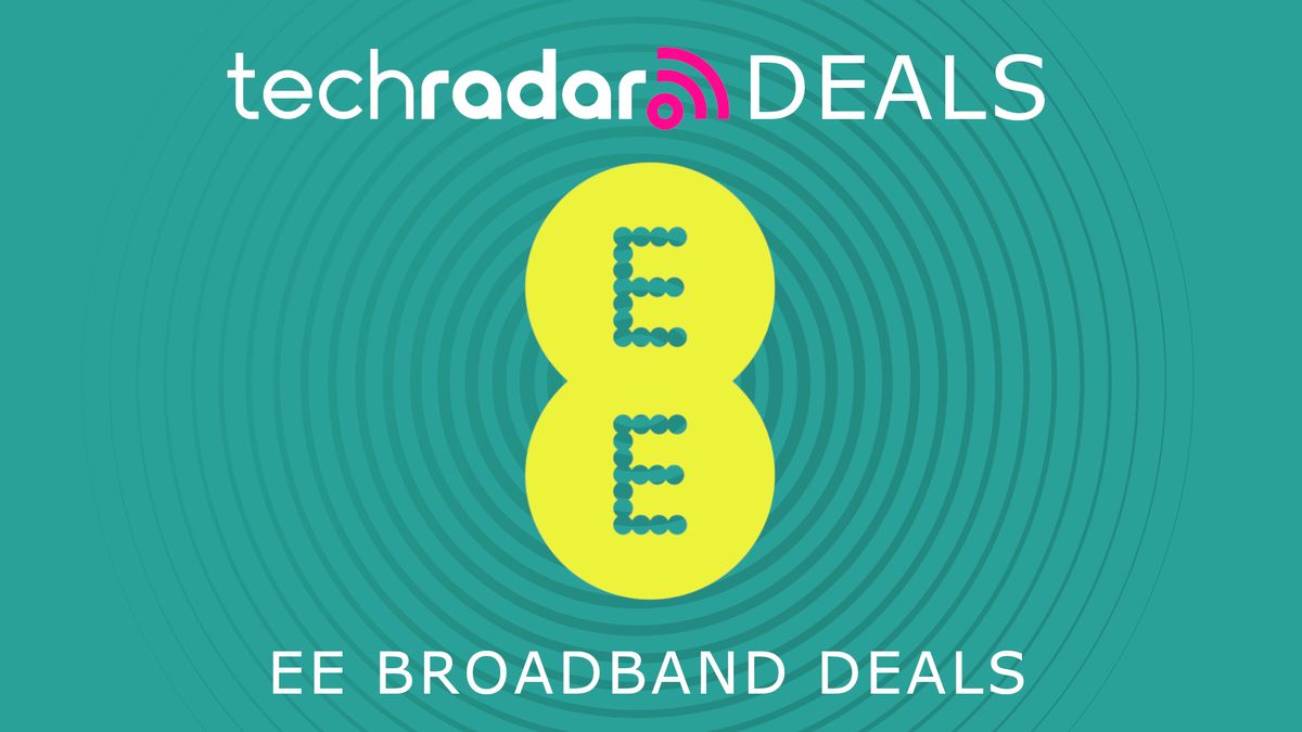 EE logo on turquoise background with TechRadar Deals text and lower text saying EE Broadband Deals